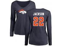 #22 Kareem Jackson Navy Blue Football Name & Number Logo Women's Denver Broncos Long Sleeve T-Shirt