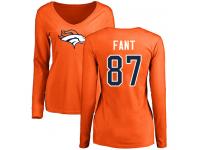 #87 Noah Fant Orange Football Name & Number Logo Women's Denver Broncos Long Sleeve T-Shirt