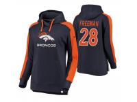 Women Denver Broncos #28 Royce Freeman Navy-Orange Iconic Color Block Pullover Hoodie