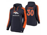 Women Denver Broncos #30 Phillip Lindsay Navy-Orange Iconic Color Block Pullover Hoodie