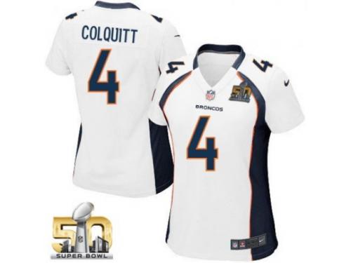 Game Britton Colquitt WoMen Jersey - Denver Broncos #4 Road White Super Bowl 50 Bound Nike NFL