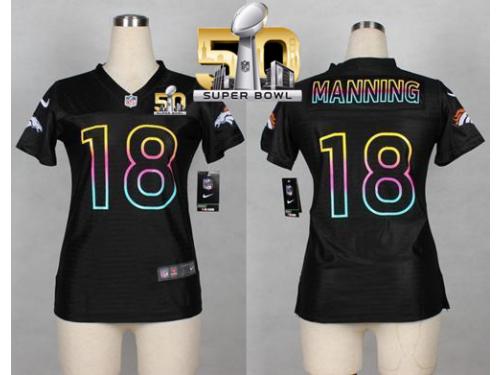 Nike Broncos #18 Peyton Manning Black Super Bowl 50 Women NFL Fashion Game Jersey